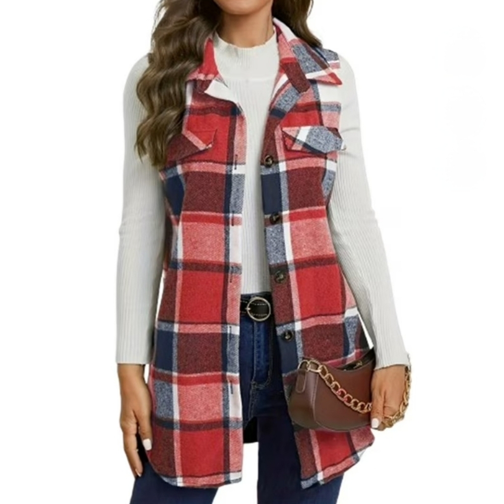 PRECIOUS Plaid Sleeveless Shirt/Vest/Shacket In Red/Blue/White, Sz M Or L - Picture 2 of 11